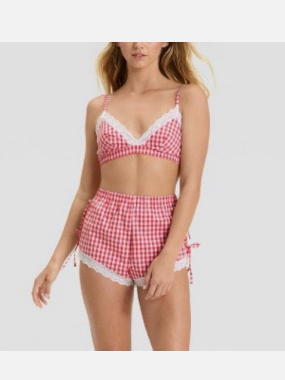 Colsie Red Gingham Lace Trim Bralette & Shorts Sleep Set Top Large Bottom Medium